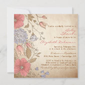 ヴィンテージ赤と紫の花赤ちゃんシャワー 招待状 (正面)