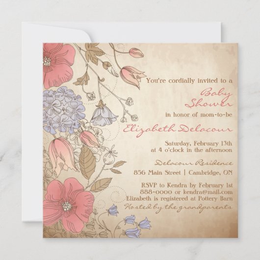 ヴィンテージ赤と紫の花赤ちゃんシャワー 招待状 (正面)