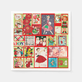 ヴィンテージ赤と緑のアドベントカレンダーのクリスマス スタンダードカクテルナプキン