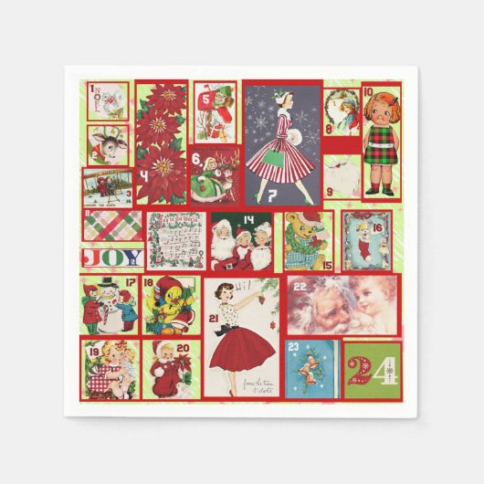 ヴィンテージ赤と緑のアドベントカレンダーのクリスマス スタンダードカクテルナプキン (正面)
