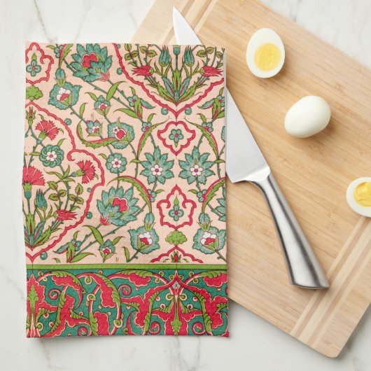 ヴィンテージ赤と緑のアラビア花の模様 キッチンタオル (四つ折り)