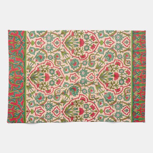 ヴィンテージ赤と緑のアラビア花の模様 キッチンタオル (横)