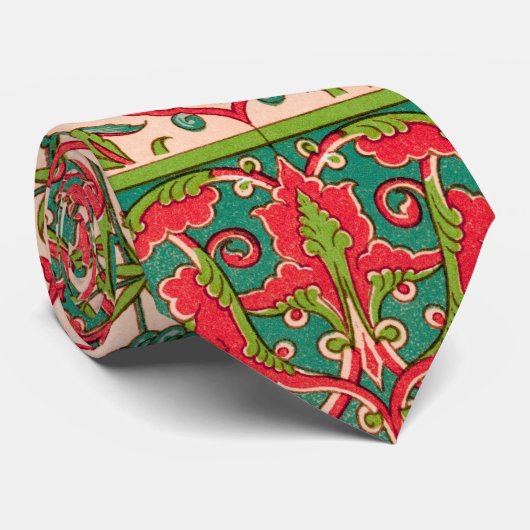 ヴィンテージ赤と緑のアラビア花の模様 ネクタイ (ロール)