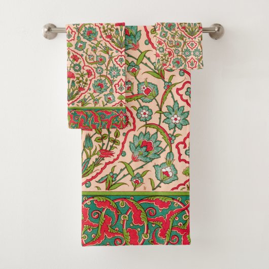 ヴィンテージ赤と緑のアラビア花の模様 バスタオルセット (インサイチュ)