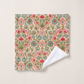 ヴィンテージ赤と緑のアラビア花の模様 バスタオルセット (ウォッシュタオル)