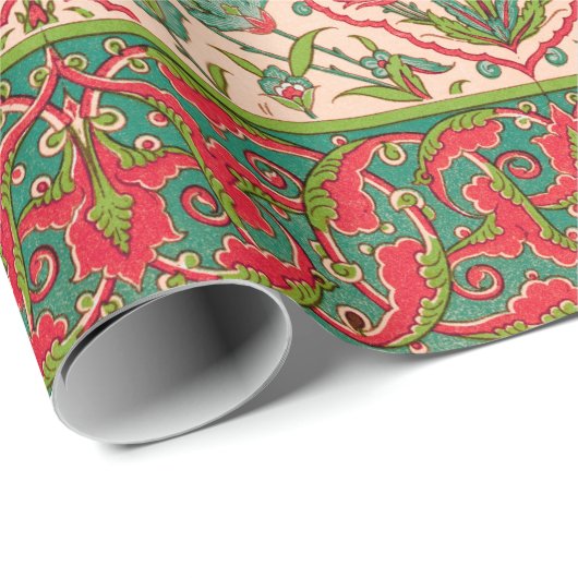 ヴィンテージ赤と緑のアラビア花の模様 ラッピングペーパー (ロールコーナー)