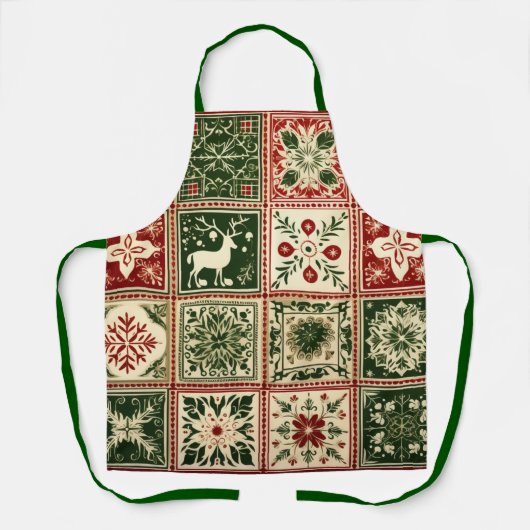 ヴィンテージ赤と緑のキルトスクウェアのクリスマス エプロン (正面)