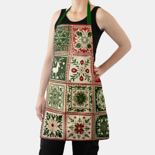 ヴィンテージ赤と緑のキルトスクウェアのクリスマス エプロン (インサイチュ)