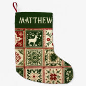 ヴィンテージ赤と緑のキルトスクウェアのクリスマス スモールクリスマスストッキング (正面)