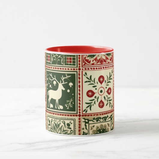 ヴィンテージ赤と緑のキルトスクウェアのクリスマス マグカップ (中央)