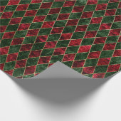 ヴィンテージ赤と緑のダイヤモンドクリスマスベルベット ラッピングペーパー (角)