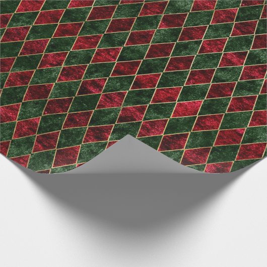 ヴィンテージ赤と緑のダイヤモンドクリスマスベルベット ラッピングペーパー (角)