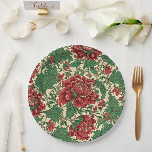 ヴィンテージ赤と緑のビクトリアンフローラ結婚 ペーパープレート (ウェディング)