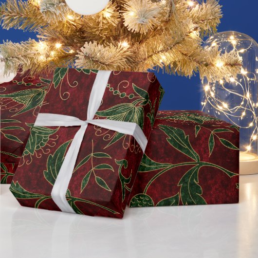 ヴィンテージ赤と緑のフローラクリスマスベルベット ラッピングペーパー (クリスマス)