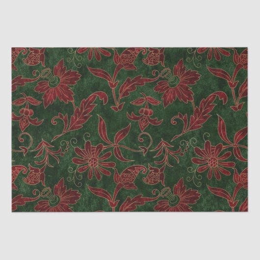 ヴィンテージ赤と緑のフローラクリスマスベルベット 薄葉紙 (正面)