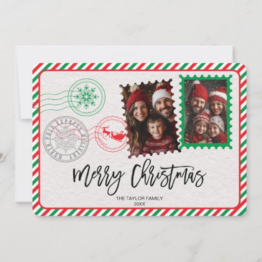 ヴィンテージ赤と緑の手紙の写真メリークリスマス シーズンカード (正面)