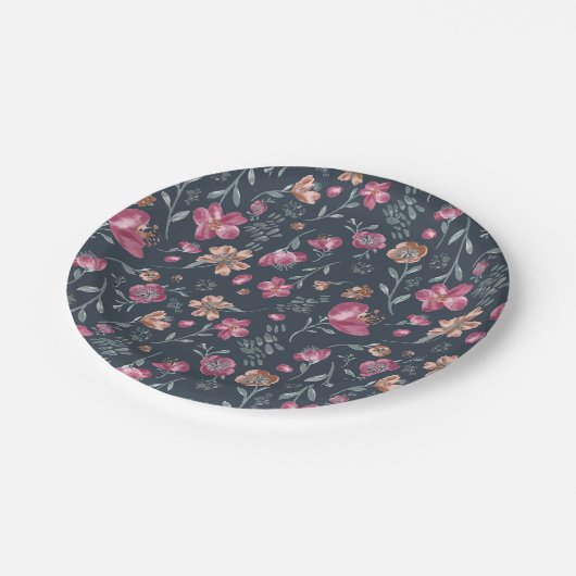 ヴィンテージ赤と茶色の秋花模様 ペーパープレート (アングル)