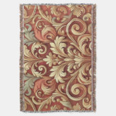 ヴィンテージ赤と金ゴールドのダマスクパターン スローブランケット (正面縦)