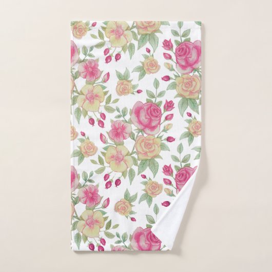 ヴィンテージ赤と黄のバラの水彩模様 | バスタオルセット (ハンドタオル)