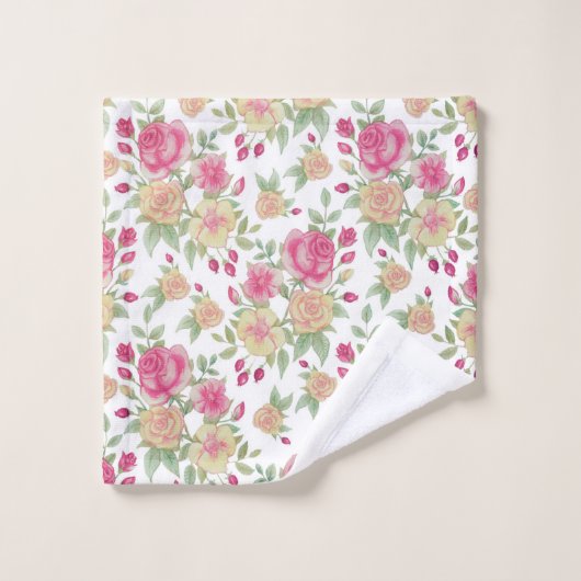 ヴィンテージ赤と黄のバラの水彩模様 | バスタオルセット (ウォッシュタオル)