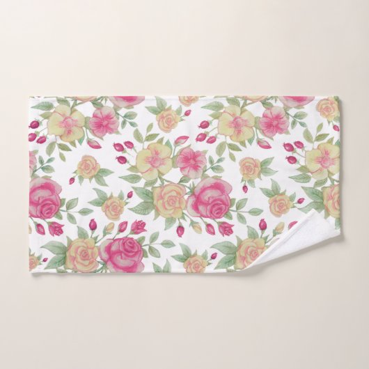 ヴィンテージ赤と黄のバラの水彩模様 | バスタオルセット (ハンドタオル)