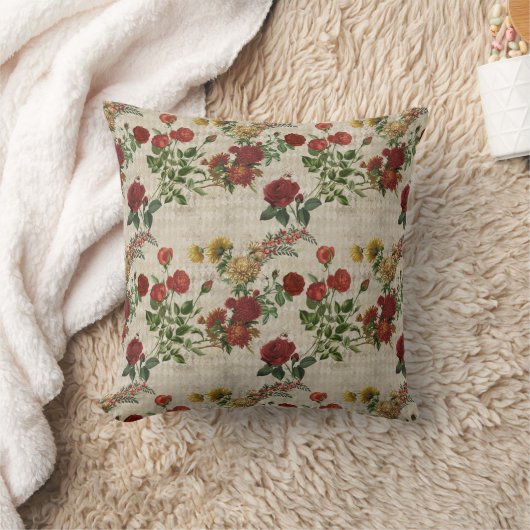 ヴィンテージ赤と黄のフローラ クッション (ブランケット)