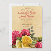 ヴィンテージ赤と黄色のバラのフローラ結婚、ピンク 招待状 (正面)