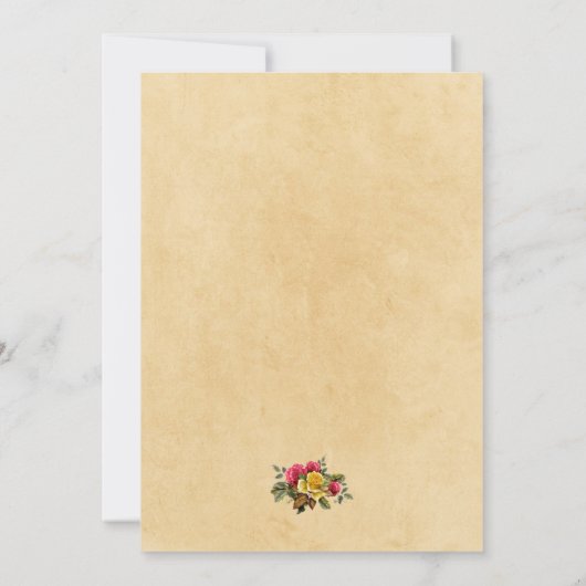 ヴィンテージ赤と黄色のバラのフローラ結婚、ピンク 招待状 (裏面)