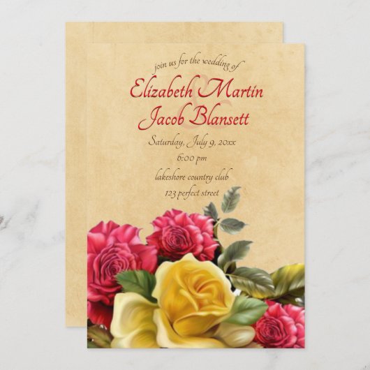 ヴィンテージ赤と黄色のバラのフローラ結婚、ピンク 招待状 (正面/裏面)