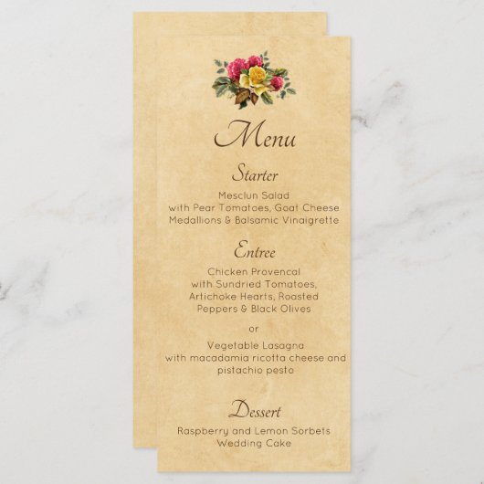 ヴィンテージ赤と黄色のバラのフローラ メニュー (正面/裏面)