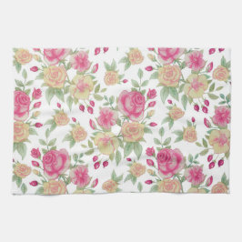 ヴィンテージ赤と黄色のバラの水の色パターン | キッチンタオル