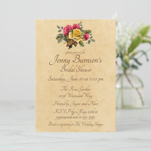 ヴィンテージ赤と黄色のブライダルシャワーへの招待 招待状 (スタンド正面)