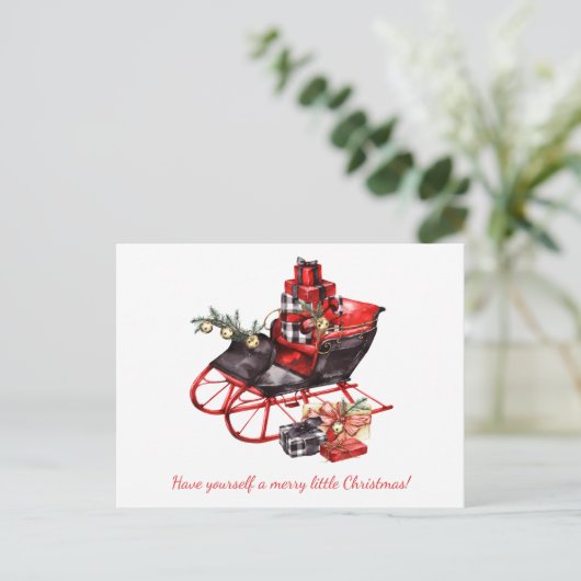 ヴィンテージ赤と黒のそりとパッケージ 案内ポストカード (スタンド正面)