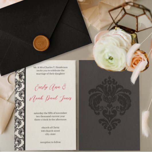 ヴィンテージ赤と黒のダマスクの結婚式 招待状