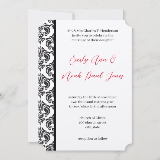 ヴィンテージ赤と黒のダマスクの結婚式 招待状 (正面)