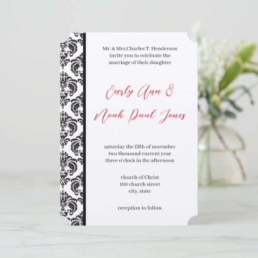 ヴィンテージ赤と黒のダマスクの結婚式 招待状 (スタンド正面)