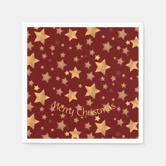 ヴィンテージ赤エレガント金ゴールド星模様クリスマス スタンダードカクテルナプキン (正面)