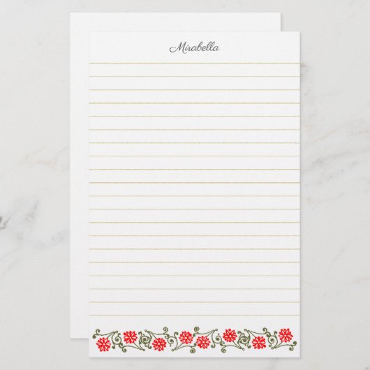 ヴィンテージ赤カスタムデイジー及び金ゴールドライニング文房具 便箋 (正面/裏面)