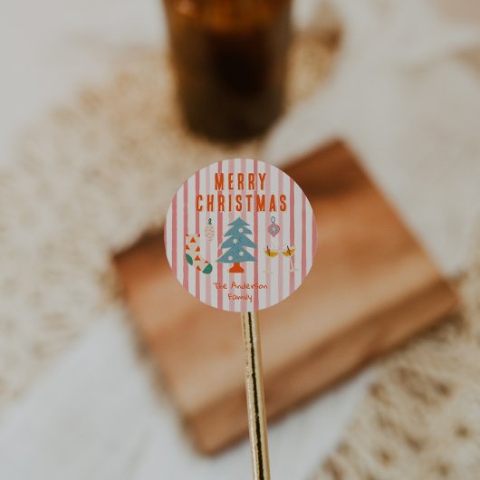 ヴィンテージ赤カラフル図解入りの、写真付きののクリスマス ラウンドシール