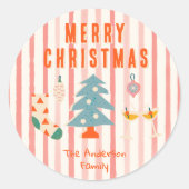 ヴィンテージ赤カラフル図解入りの、写真付きののクリスマス ラウンドシール (正面)