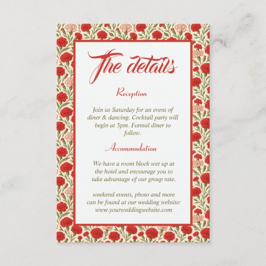 ヴィンテージ赤カーネーション結婚の花の詳細 エンクロージャーカード (正面)