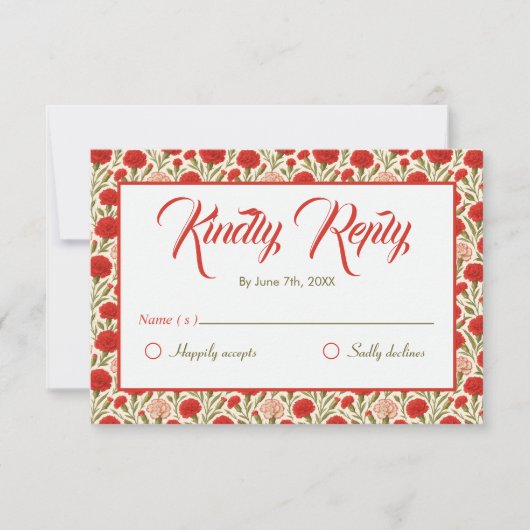 ヴィンテージ赤カーネーション結婚の花 出欠カード (正面)