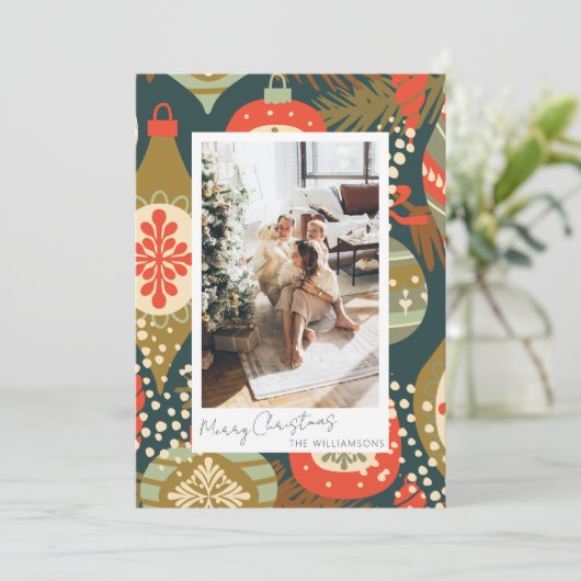 ヴィンテージ赤グリーンクリスマスオーナメントカスタム写真 シーズンカード (スタンド正面)