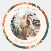 ヴィンテージ赤グリーンクリスマスオーナメントカスタム写真 ラウンドシール (正面)