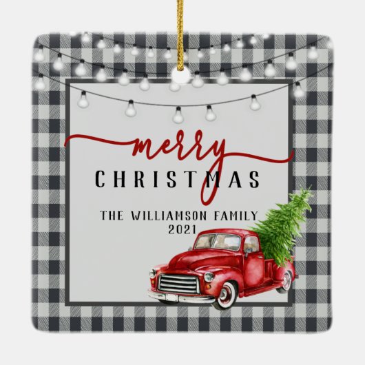 ヴィンテージ赤トラックと木メリーのファミリ名 セラミックオーナメント (裏面)
