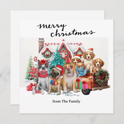 ヴィンテージ赤トラックと犬のクリスマス シーズンカード (正面/裏面)