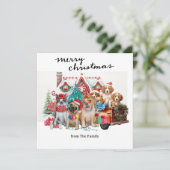 ヴィンテージ赤トラックと犬のクリスマス シーズンカード (スタンド正面)