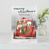 ヴィンテージ赤トラックと犬のクリスマス シーズンカード (スタンド正面)