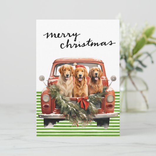 ヴィンテージ赤トラックと犬のクリスマス シーズンカード (スタンド正面)