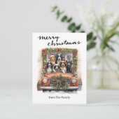 ヴィンテージ赤トラックと犬のクリスマス シーズンポストカード (スタンド正面)